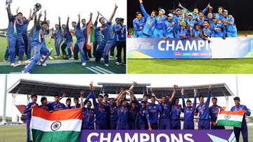 India Under-19 players of 2012, 2018 and 2021 respectively celebrating after winning the Under-19 WC