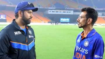 Indian skipper Rohit Sharma and Yuzvendra Chahal interacting after India's win against West Indies 