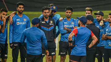 Indian cricket team's meeting during a training session ahead of the first T20 cricket match against
