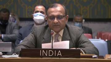 India's Permanent Representative to the UN Ambassador TS Tirumurti speaks at an emergency UNSC meeting 