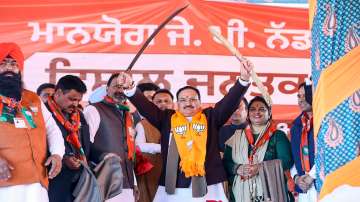 BJP National President JP Nadda during a public meeting, ahead of Punjab assembly elections, in Balachaur.