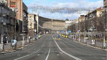 A view of Khreshchatyk, the main street, empty, due to curfew in the central of Kyiv, Ukraine, Sunday, Feb. 27, 2022.