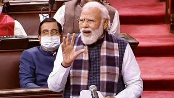 Prime Minister Narendra Modi speaks in the Rajya Sabha, during the ongoing Budget Session of Parliament, in New Delhi, Tuesday, Feb. 8, 2022.