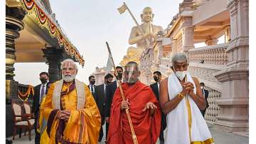 Prime Minister Narendra Modi during the unveiling of the Statue of Equality, a 216-foot tall statue of 11th-century saint Ramanujacharya, in Hyderabad.