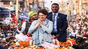 AICC General Secretary Priyanka Gandhi during a road show for the ongoing Uttar Pradesh Assembly elections, at Tulsipur in Balrampur district.