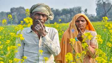 Moradabad: Farmers pose in a mustard fields as they show their inked fingers after casting their vote, during the second phase of UP Assembly polls, in Moradabad, Monday, Feb. 14, 2022.