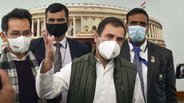 Congress leaders Rahul Gandhi and Gaurav Gogoi outside Parliament.