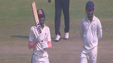 Delhi batter Yash Dhull (left) in action against Tamil Nadu during a Ranji Trophy 2021-22 group match in Guwahati on Sunday.