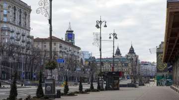 An empty street is seen due to curfew in the central of Kyiv, Ukraine.