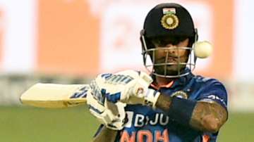 Indian batter Suryakumar Yadav plays a shot during the first T20 cricket match against West Indies a