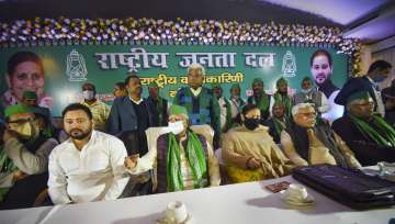 RJD President Lalu Prasad with Tejashwi Yadav, Misa Bharti and Tej Pratap during the party’s National Executive meeting at Hotel Maurya, in Patna.