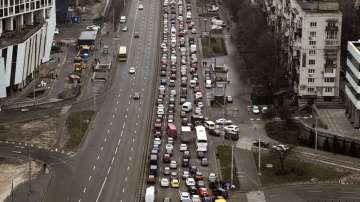 Traffic jams are seen as people leave the city of Kyiv after Russia launched a full-scale military operation in Ukraine.