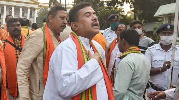 BJP leader Suvendu Adhikari outside the residence of West Bengal Governor Jagdeep Dhankhar in Kolkata on Monday, March 7, 2022.