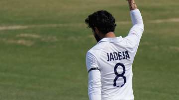 India's Ravindra Jadeja celebrates after scoring a century during the second day of the first test m