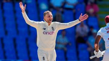 England's captain Joe Root unsuccessfully appeals for the wicket of West Indies' John Campbell durin