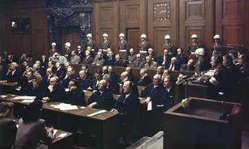 Defendants listen to part of the verdict in the Palace of Justice during the Nuremberg War Crimes Trial in Nuremberg, Germany on Sept. 30, 1946. 