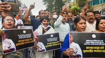 BJP workers protest in Kolkata demanding the resignation of Mamata Banerjee against mass killing at Rampurhat of Birbhum district.