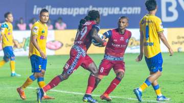 Players in action during Kerala Blasters FC vs Jamshedpur FC game in an ISL match