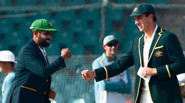 Babar Azam of Pakistan and Pat Cummins of Australia do a fist bump ahead of PAK vs AUS 2nd Test acti