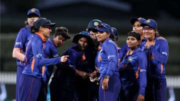 Indian Women celebrate after taking a wicket during IND W  vs WI W game in ICC Women's World Cup 202