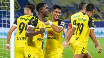 Hyderabad FC players celebrate after scoring a goal against ATK Mohun Bagan in an ISL game (File pho