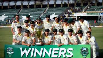 Australian cricket team pose with trophy after win against Pakistan in third Test