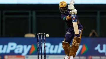 Ajinkya Rahane plays a shot during KKR's first match of IPL 2022 against CSK on Saturday.