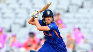Yastika Bhatia of India bats during the 2022 ICC Women's Cricket World Cup match between India and A