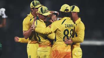 Australian cricket team celebrating wicket of Pakistan batsman 