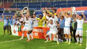 Players of Jamshedpur FC celebrate after winning the final of ISL 2021-22