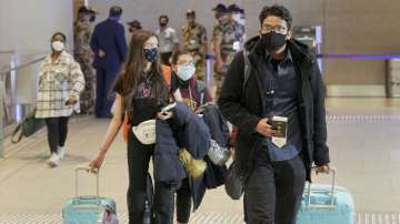 Indian nationals, evacuated from crisis-hit Ukraine, upon their arrival at the airport in Mumbai, Tuesday, March 1, 2022.?