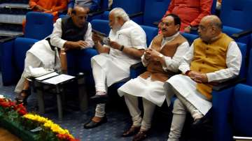 PM Narendra Modi with BJP National President JP Nadda, Union Defence Minister Rajnath Singh and Home Minister Amit Shah during the BJP Parliamentary party meeting, in New Delhi, Tuesday, March 29, 2022.