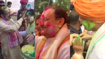Union Minister Rajnath Singh (Right) and Mukhtar Abbas Naqvi (Left), BJP President JP Nadda (Centre) celebrate Holi at their respective residences.