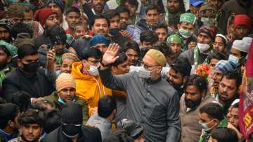 AIMIM President Asaduddin Owaisi during his election campaign in support of Haji Arif Ali, partys candidate for the Uttar Pradesh Assembly elections, at Dasna in Ghaziabad