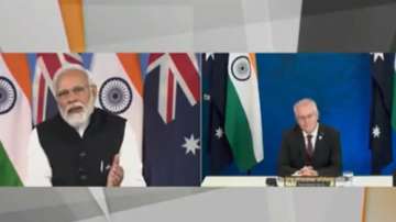 Prime Minister Narendra Modi in a meeting with Australian counterpart Scott Morrison during the India-Australia virtual summit.
