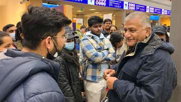 Union Minister VK Singh interacts with Indian students, during his visit to Poland to facilitate the evacuation of Indians stranded in war-torn Ukraine.