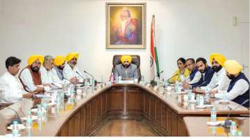 Punjab Chief Minister Bhagwant Mann with his Cabinet ministers during the first Cabinet meeting, in Chandigarh.
