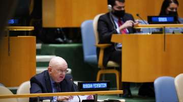 Russian Ambassador to the United Nations Vasily Nebenzya speaks during an emergency meeting of the General Assembly at United Nations headquarters.
