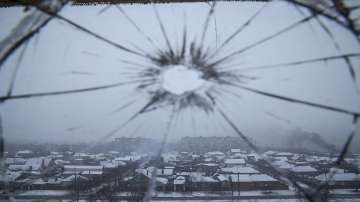 A view from a hospital window broken by shelling in Mariupol, Ukraine.