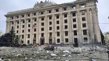 A view of the damaged City Hall building in Kharkiv, Ukraine, Tuesday, March 1, 2022. 