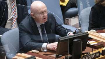 Vasily Nebenzya, Russian ambassador to the United Nations, speaks during a meeting of the security council, Monday, Feb. 28, 2022, at United Nations headquarters.