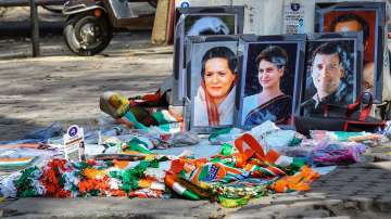 A street stall selling Congress memorabilia outside the deserted National Congress Headquarters during the counting day of Assembly polls, in New Delhi, Thursday, March 10, 2022.