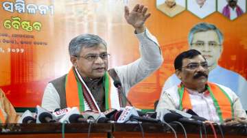 Union Minister of Railways, Electronics & Information Technology and Communications Ashwini Vaishnaw speaks to media at a press conference, at the BJP party office, in Bhubaneswar.?