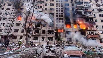 A direct strike during Russian shelling led to fire and destruction of a residential building, in Kyiv. Russia started a military operation in Ukraine, on Feb. 24, 2022.