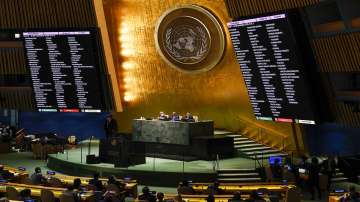 United Nations members vote on a resolution concerning the Ukraine during an emergency meeting of the General Assembly at United Nations headquarters.