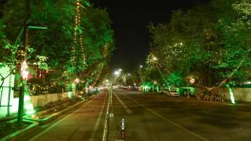 A decorated road near the residence of Uttar Pradesh Chief Minister Yogi Adityanath ahead of his oath taking ceremony for the second term in Lucknow