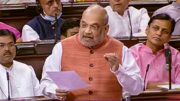 Union Home Minister Amit Shah speaks in the Rajya Sabha during the second part of Budget Session of Parliament, in New Delhi, Wednesday, April 6, 2022. 