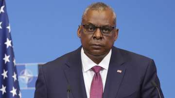 US Secretary for Defense Lloyd J Austin III speaks during a media conference after a meeting of NATO defense ministers at NATO headquarters in Brussels, Thursday, Feb. 17, 2022.