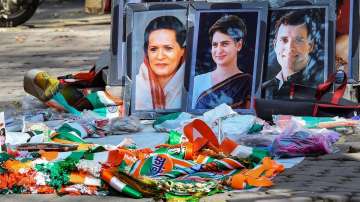 A street stall selling Congress merchandise outside the deserted party headquarters on counting day for Assembly elections, on March 10, 2022. 