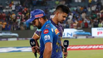 Rohit Sharma and Shreyas Iyer during toss ahead of the KKR vs MI game in IPL 2022